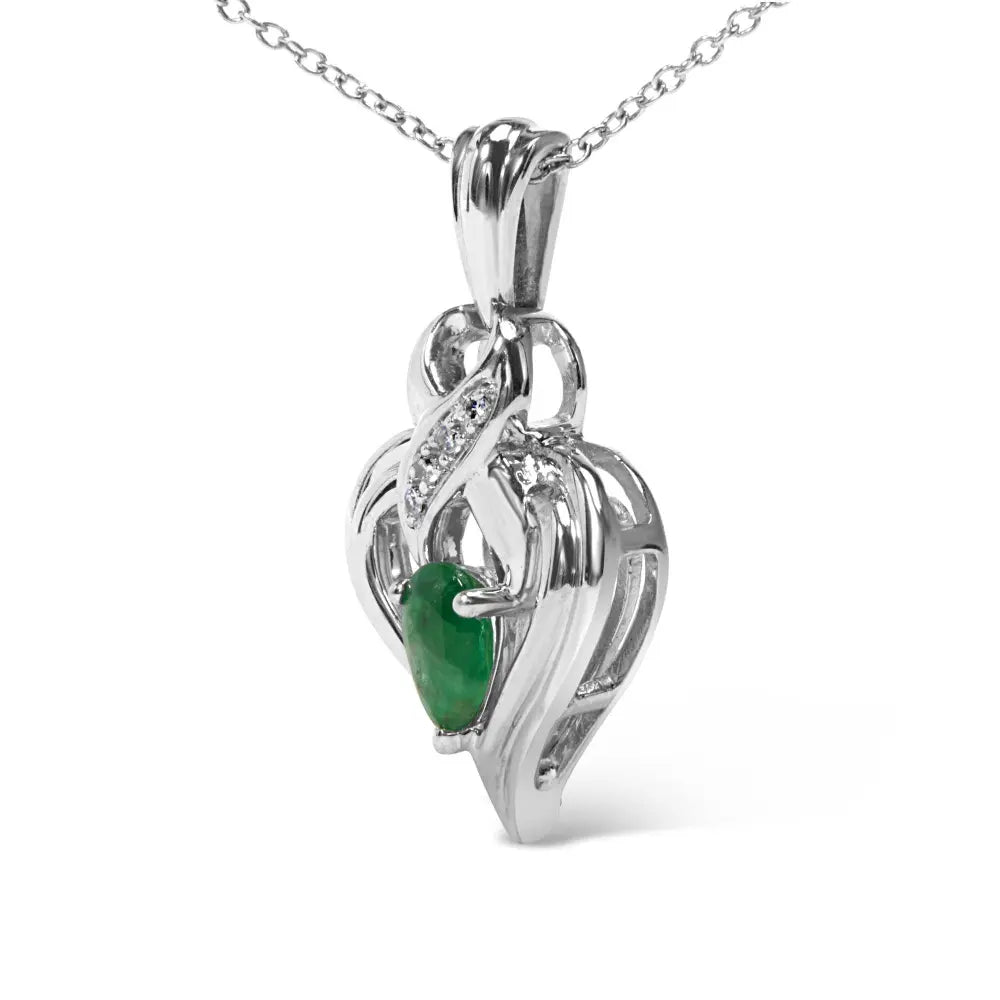 .925 Sterling Silver 6x4mm Pear Emerald and Diamond Accent Heart Pendant Necklace (H-I Color, SI1-SI2 Clarity) - 18 Inches - Bijoux-NYC Direct