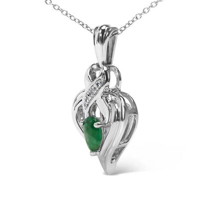 .925 Sterling Silver 6x4mm Pear Emerald and Diamond Accent Heart Pendant Necklace (H-I Color, SI1-SI2 Clarity) - 18 Inches - Bijoux-NYC Direct