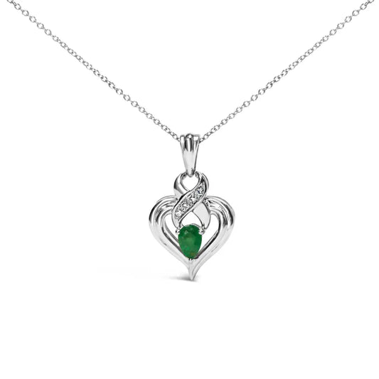 .925 Sterling Silver 6x4mm Pear Emerald and Diamond Accent Heart Pendant Necklace (H-I Color, SI1-SI2 Clarity) - 18 Inches - Bijoux-NYC Direct