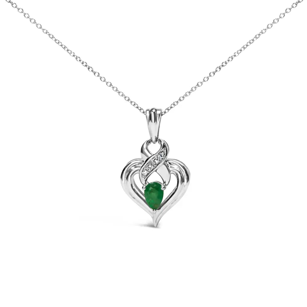 Pear emerald and diamond heart pendant necklace in.925 sterling silver bijoux-nyc direct