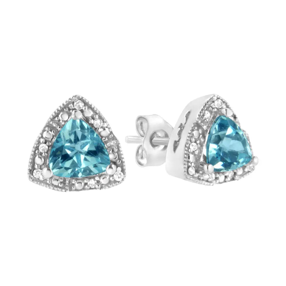 Trillion blue topaz and diamond halo stud earrings in sterling silver 6mm bijoux-nyc direct