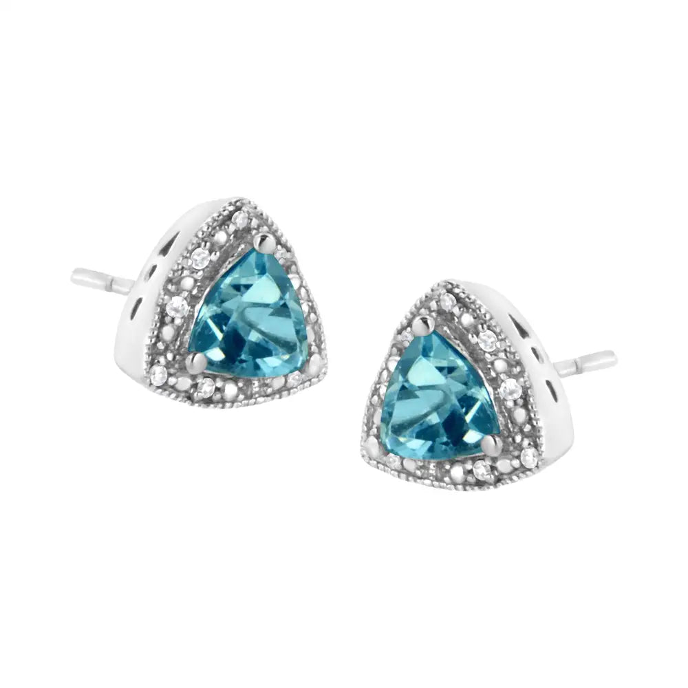Trillion blue topaz and diamond halo stud earrings in sterling silver 6mm bijoux-nyc direct