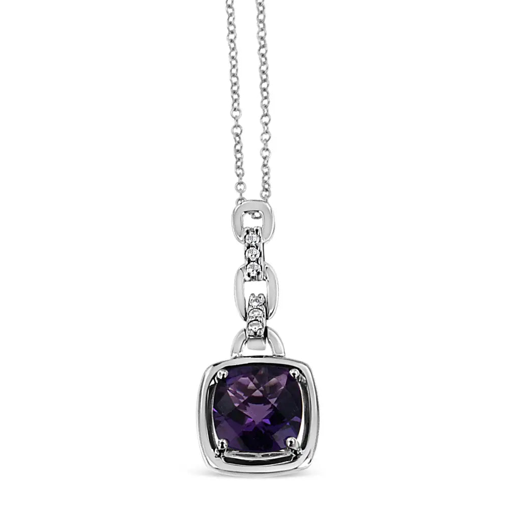 Cushion cut purple amethyst and diamond pendant in.925 sterling silver bijoux-nyc direct