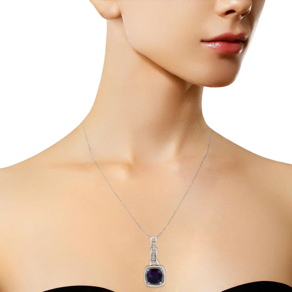 .925 Sterling Silver 6x6MM Cushion Shaped Natural Purple Amethyst and Diamond Accented Bale 18" Inch Pendant Necklace (I-J Color, I1-I2 Clarity) - Bijoux-NYC Direct
