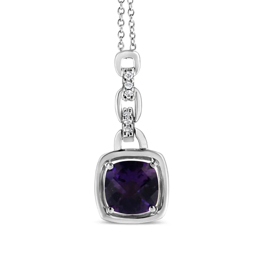 .925 Sterling Silver 6x6MM Cushion Shaped Natural Purple Amethyst and Diamond Accented Bale 18" Inch Pendant Necklace (I-J Color, I1-I2 Clarity) - Bijoux-NYC Direct