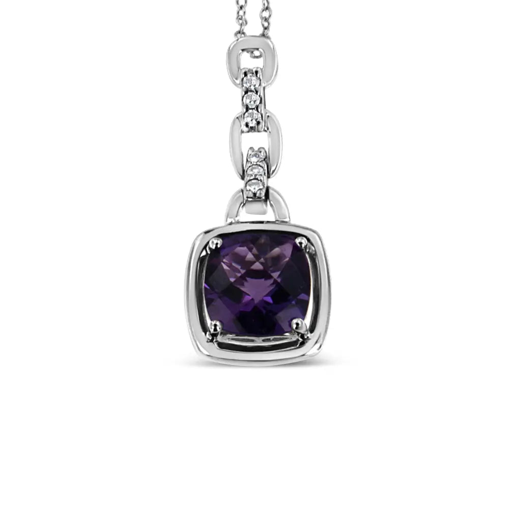 .925 Sterling Silver 6x6MM Cushion Shaped Natural Purple Amethyst and Diamond Accented Bale 18" Inch Pendant Necklace (I-J Color, I1-I2 Clarity) - Bijoux-NYC Direct