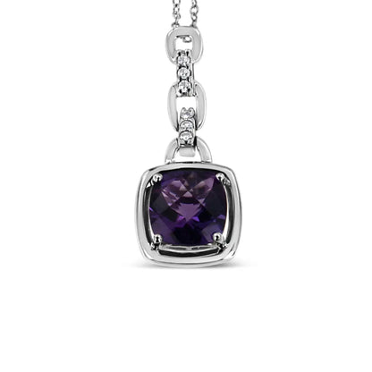 .925 Sterling Silver 6x6MM Cushion Shaped Natural Purple Amethyst and Diamond Accented Bale 18" Inch Pendant Necklace (I-J Color, I1-I2 Clarity) - Bijoux-NYC Direct