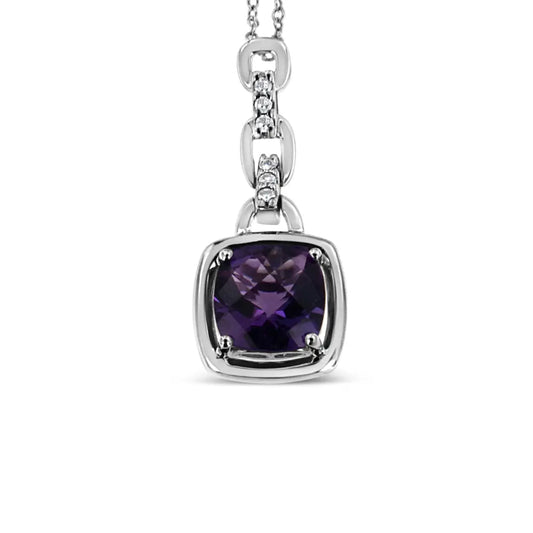 .925 Sterling Silver 6x6MM Cushion Shaped Natural Purple Amethyst and Diamond Accented Bale 18" Inch Pendant Necklace (I-J Color, I1-I2 Clarity) - Bijoux-NYC Direct