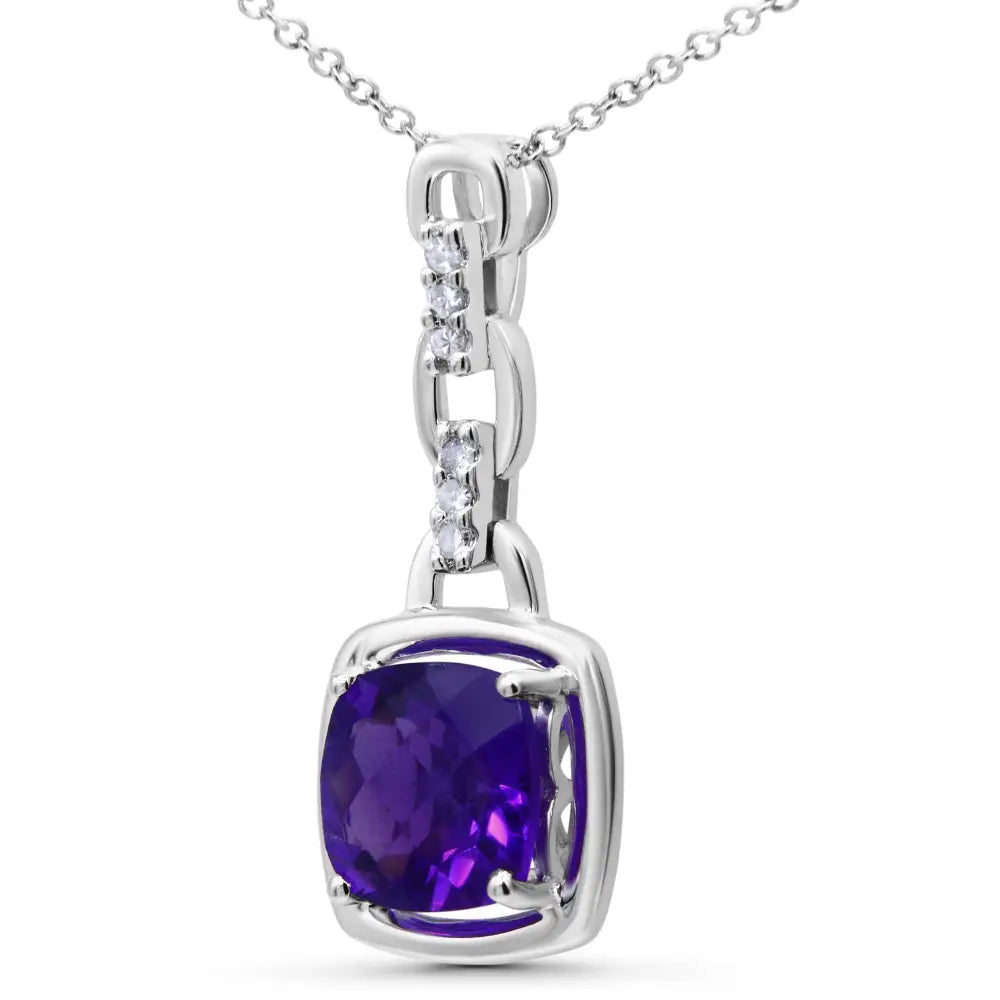 Cushion cut purple amethyst and diamond pendant in.925 sterling silver bijoux-nyc direct