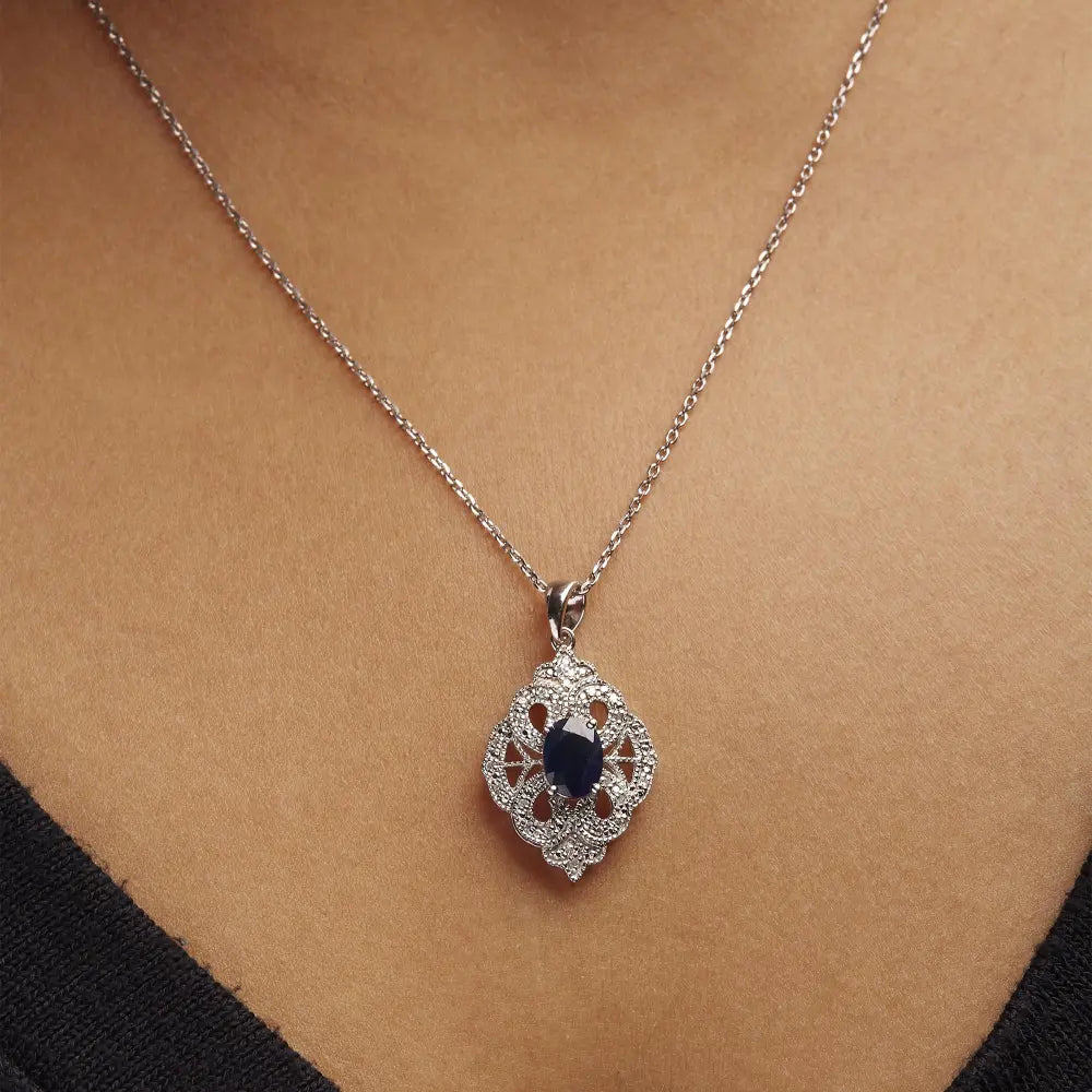 .925 sterling silver 7x5 mm oval blue sapphire and diamond accent art deco style shield shaped 18’’ pendant necklace (i j color