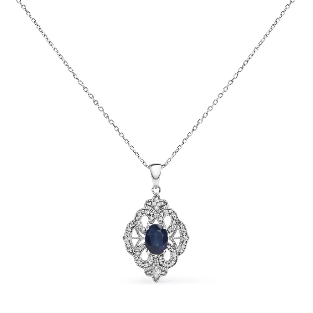 .925 sterling silver 7x5 mm oval blue sapphire and diamond accent art deco style shield shaped 18’’ pendant necklace (i j color