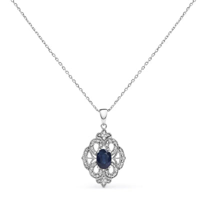 .925 sterling silver 7x5 mm oval blue sapphire and diamond accent art deco style shield shaped 18’’ pendant necklace (i j color