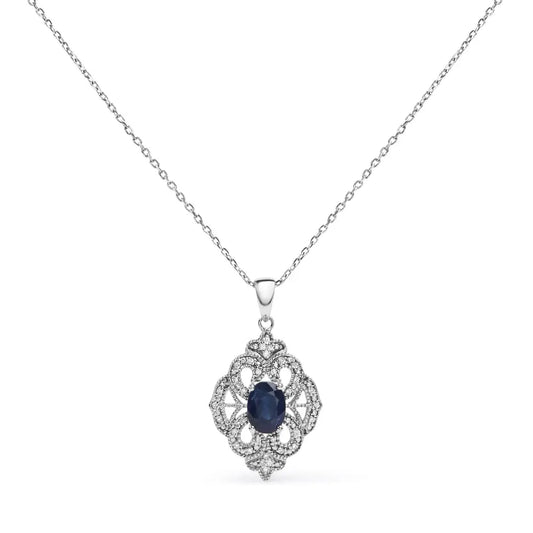.925 sterling silver 7x5 mm oval blue sapphire and diamond accent art deco style shield shaped 18’’ pendant necklace (i j color