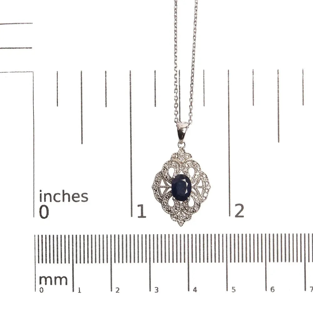 .925 sterling silver 7x5 mm oval blue sapphire and diamond accent art deco style shield shaped 18’’ pendant necklace (i j color