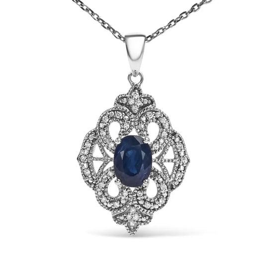 .925 sterling silver 7x5 mm oval blue sapphire and diamond accent art deco style shield shaped 18’’ pendant necklace (i j color