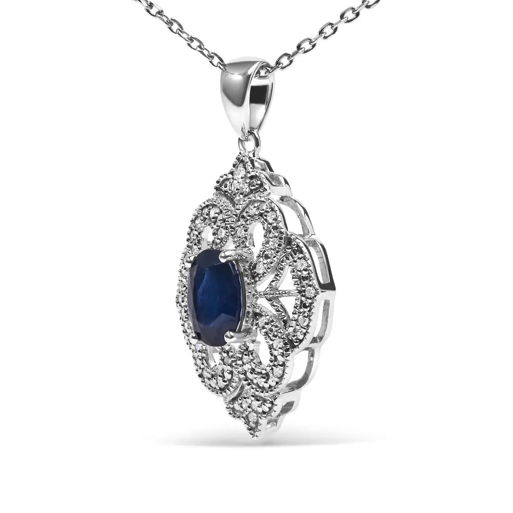 .925 sterling silver 7x5 mm oval blue sapphire and diamond accent art deco style shield shaped 18’’ pendant necklace (i j color