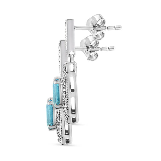 .925 Sterling Silver 7x5MM Emerald Shape Blue Topaz and Diamond Accent Art Deco Halo Style Drop and Dangle Earrings (I-J Color, I1-I2 Clarity) - Bijoux-NYC Direct