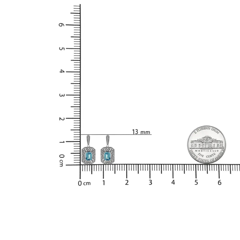 .925 Sterling Silver 7x5MM Emerald Shape Blue Topaz and Diamond Accent Art Deco Halo Style Drop and Dangle Earrings (I-J Color, I1-I2 Clarity) - Bijoux-NYC Direct