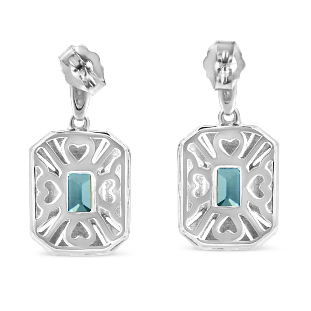 .925 Sterling Silver 7x5MM Emerald Shape Blue Topaz and Diamond Accent Art Deco Halo Style Drop and Dangle Earrings (I-J Color, I1-I2 Clarity) - Bijoux-NYC Direct