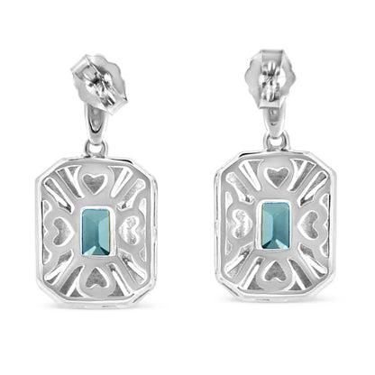 .925 Sterling Silver 7x5MM Emerald Shape Blue Topaz and Diamond Accent Art Deco Halo Style Drop and Dangle Earrings (I-J Color, I1-I2 Clarity) - Bijoux-NYC Direct