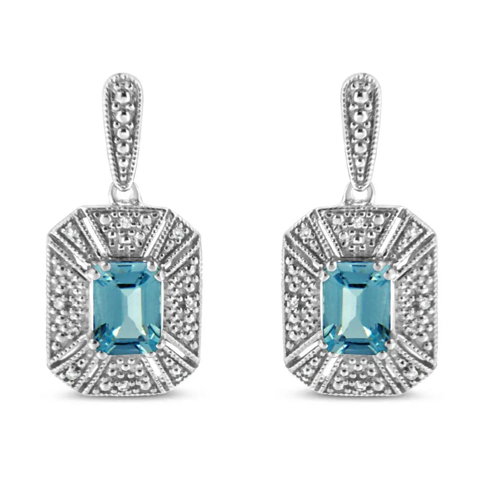 .925 Sterling Silver 7x5MM Emerald Shape Blue Topaz and Diamond Accent Art Deco Halo Style Drop and Dangle Earrings (I-J Color, I1-I2 Clarity) - Bijoux-NYC Direct