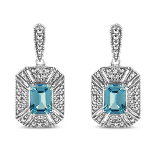.925 Sterling Silver 7x5MM Emerald Shape Blue Topaz and Diamond Accent Art Deco Halo Style Drop and Dangle Earrings (I-J Color, I1-I2 Clarity) - Bijoux-NYC Direct