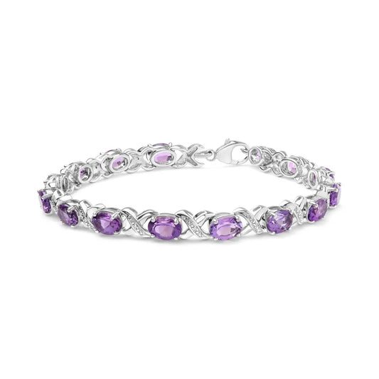 .925 Sterling Silver 7x5mm Oval Amethyst and Diamond Accent X-Link Bracelet (H-I Color, SI1-SI2 Clarity)  - Size 7" - Bijoux-NYC Direct