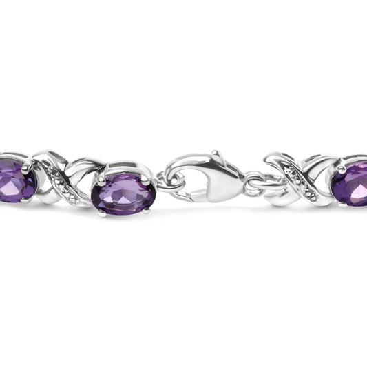 .925 Sterling Silver 7x5mm Oval Amethyst and Diamond Accent X-Link Bracelet (H-I Color, SI1-SI2 Clarity)  - Size 7" - Bijoux-NYC Direct