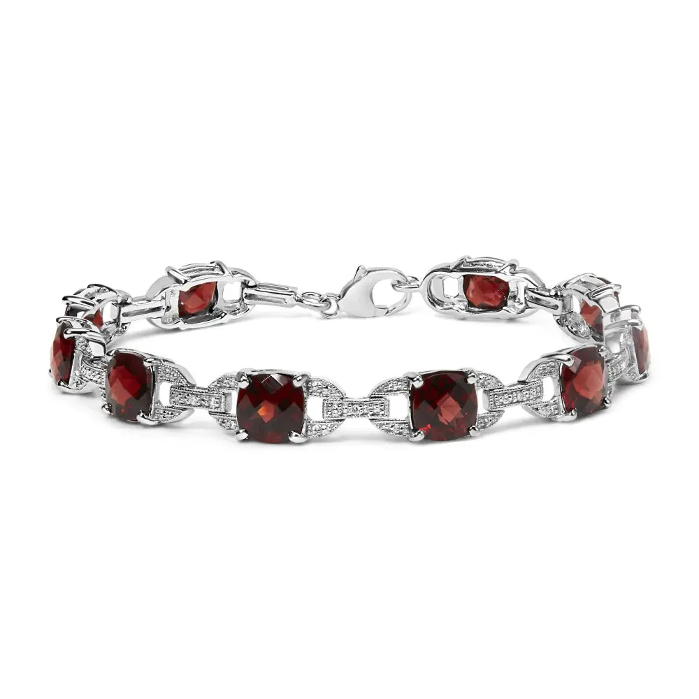 .925 sterling silver 7x7mm checkered cushion red garnet and diamond accent fashion tennis link bracelet (i j color i1 i2 clarity)