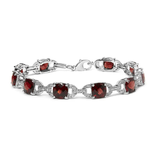 .925 sterling silver 7x7mm checkered cushion red garnet and diamond accent fashion tennis link bracelet (i j color i1 i2 clarity)