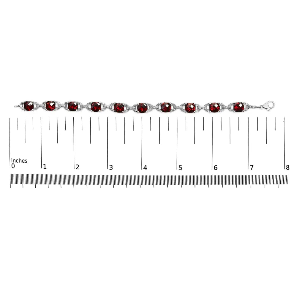 .925 sterling silver 7x7mm checkered cushion red garnet and diamond accent fashion tennis link bracelet (i j color i1 i2 clarity)