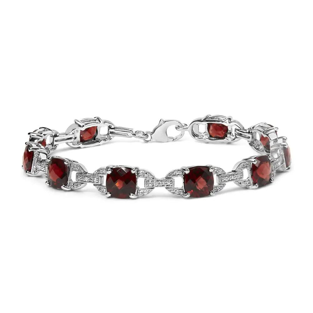Sterling silver cushion cut garnet and diamond tennis bracelet 7 inch bijoux-nyc direct