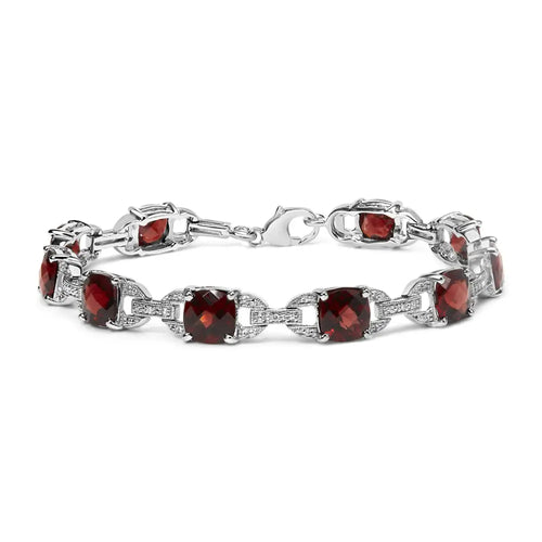 .925 sterling silver 7x7mm checkered cushion red garnet and diamond accent fashion tennis link bracelet (i-j color