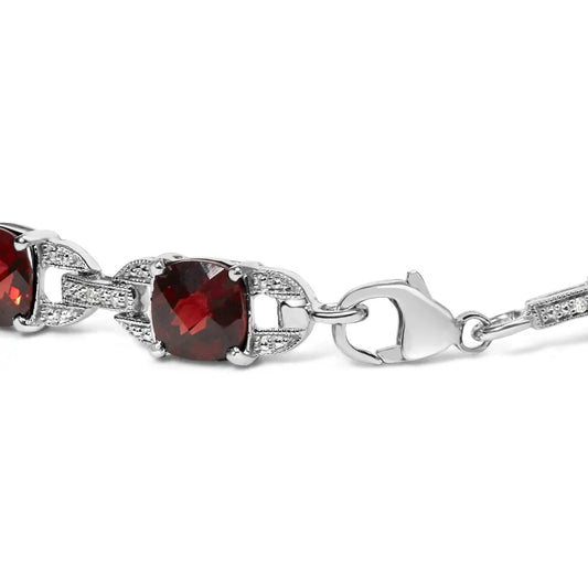 .925 sterling silver 7x7mm checkered cushion red garnet and diamond accent fashion tennis link bracelet (i j color i1 i2 clarity)
