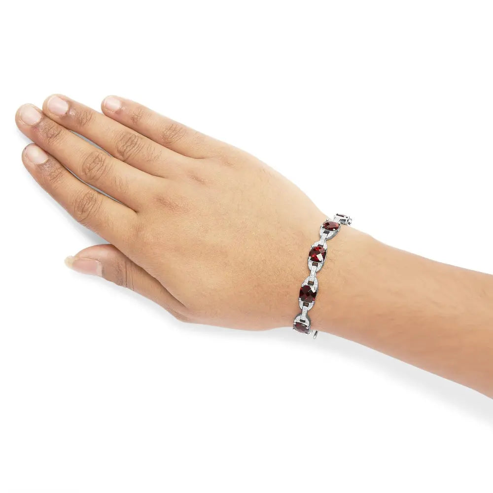 .925 sterling silver 7x7mm checkered cushion red garnet and diamond accent fashion tennis link bracelet (i j color i1 i2 clarity)