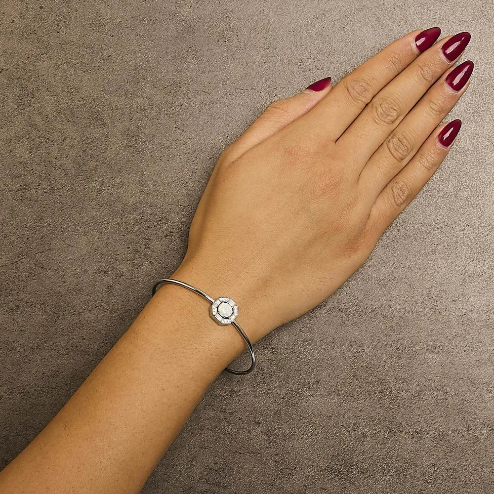 .925 Sterling Silver 7X7MM Created Opal and White Sapphire Halo Bangle Bracelet - 7 Inches - Bijoux-NYC Direct