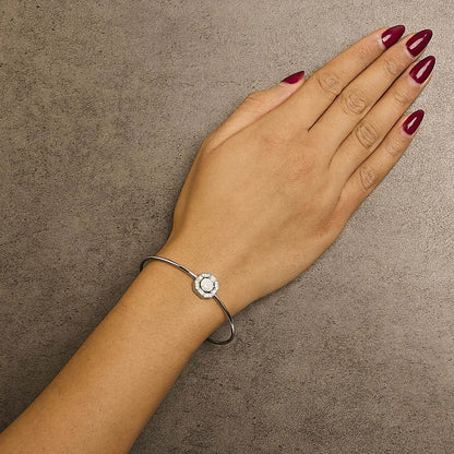 .925 Sterling Silver 7X7MM Created Opal and White Sapphire Halo Bangle Bracelet - 7 Inches - Bijoux-NYC Direct