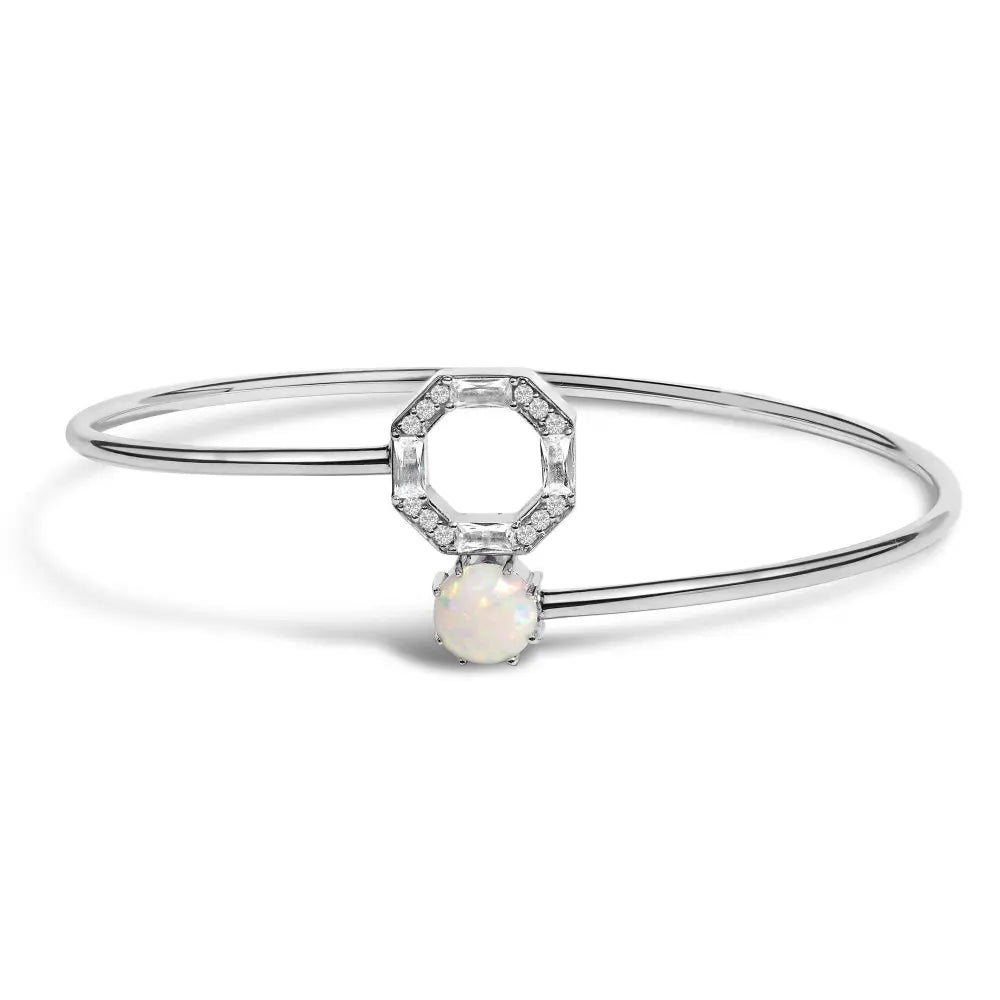 .925 Sterling Silver 7X7MM Created Opal and White Sapphire Halo Bangle Bracelet - 7 Inches - Bijoux-NYC Direct