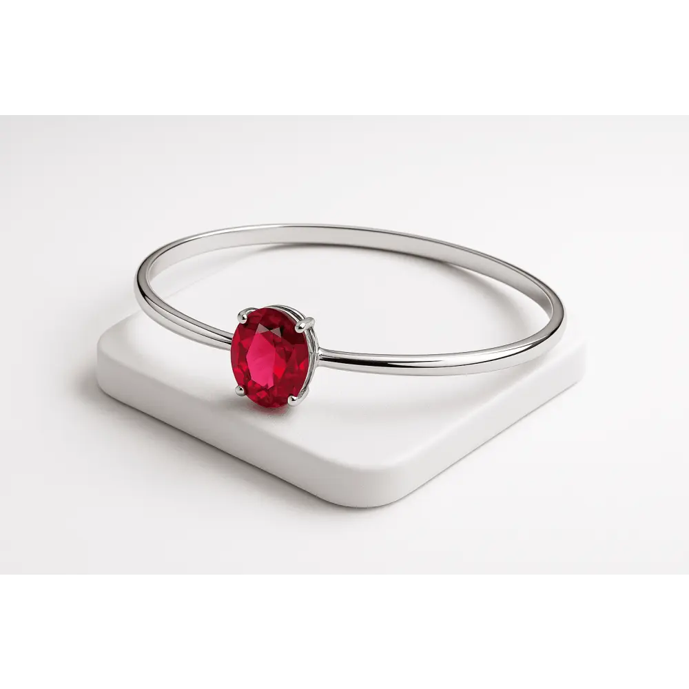 .925 Sterling Silver 7X7MM Created Red Ruby Solitaire Bangle Bracelet - 7 Inches - Bijoux-NYC Direct