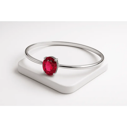.925 Sterling Silver 7X7MM Created Red Ruby Solitaire Bangle Bracelet - 7 Inches - Bijoux-NYC Direct