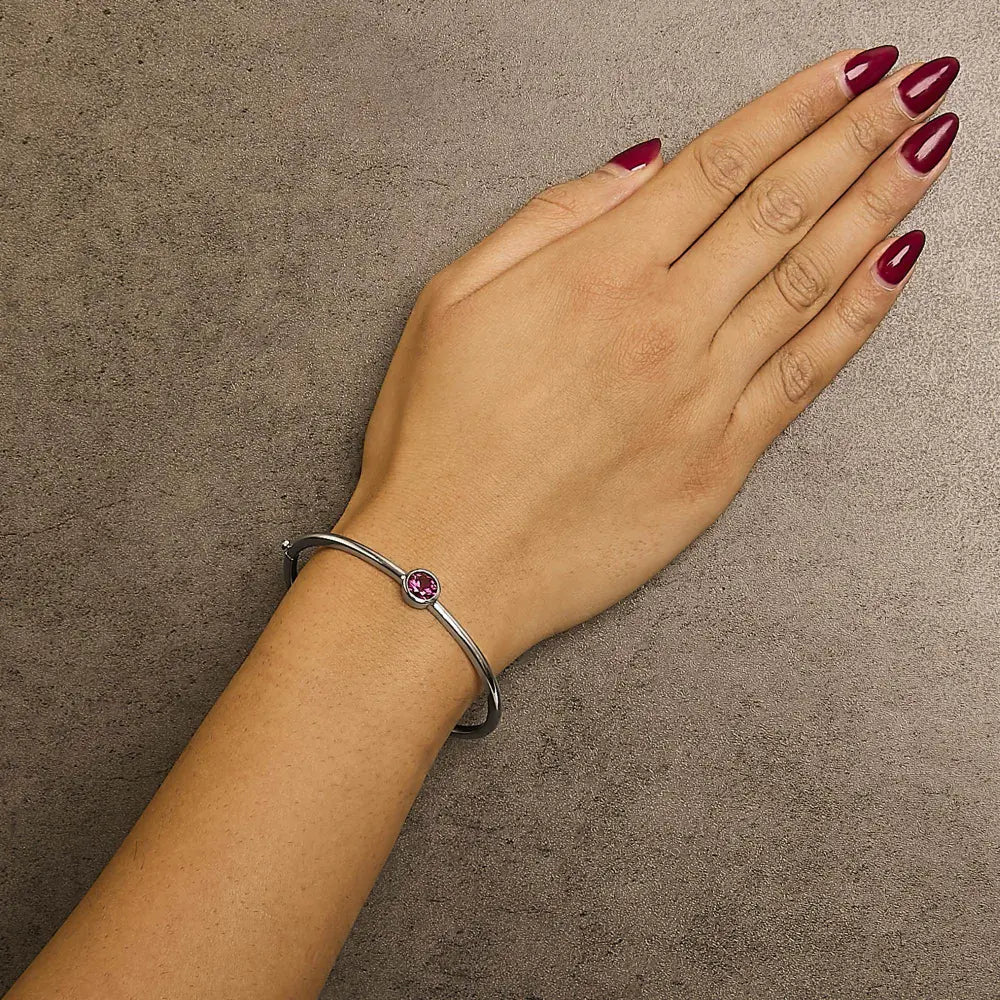 .925 Sterling Silver 7X7MM Created Red Ruby Solitaire Bangle Bracelet - 7 Inches - Bijoux-NYC Direct