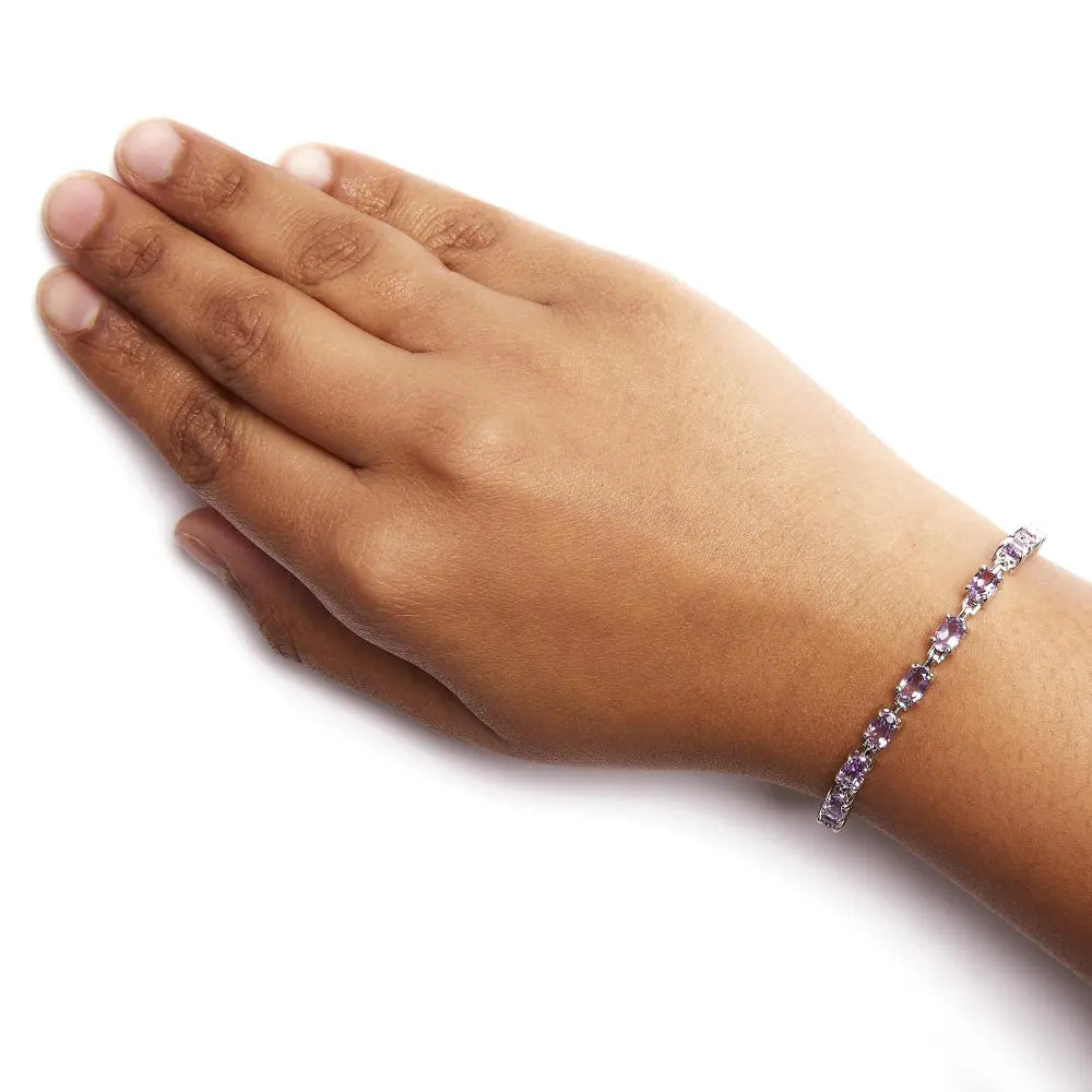 .925 sterling silver 8 1/2 cttw oval shaped purple amethyst link bracelet 7’’ inches bracelets/bracelet/tennis handcrafted