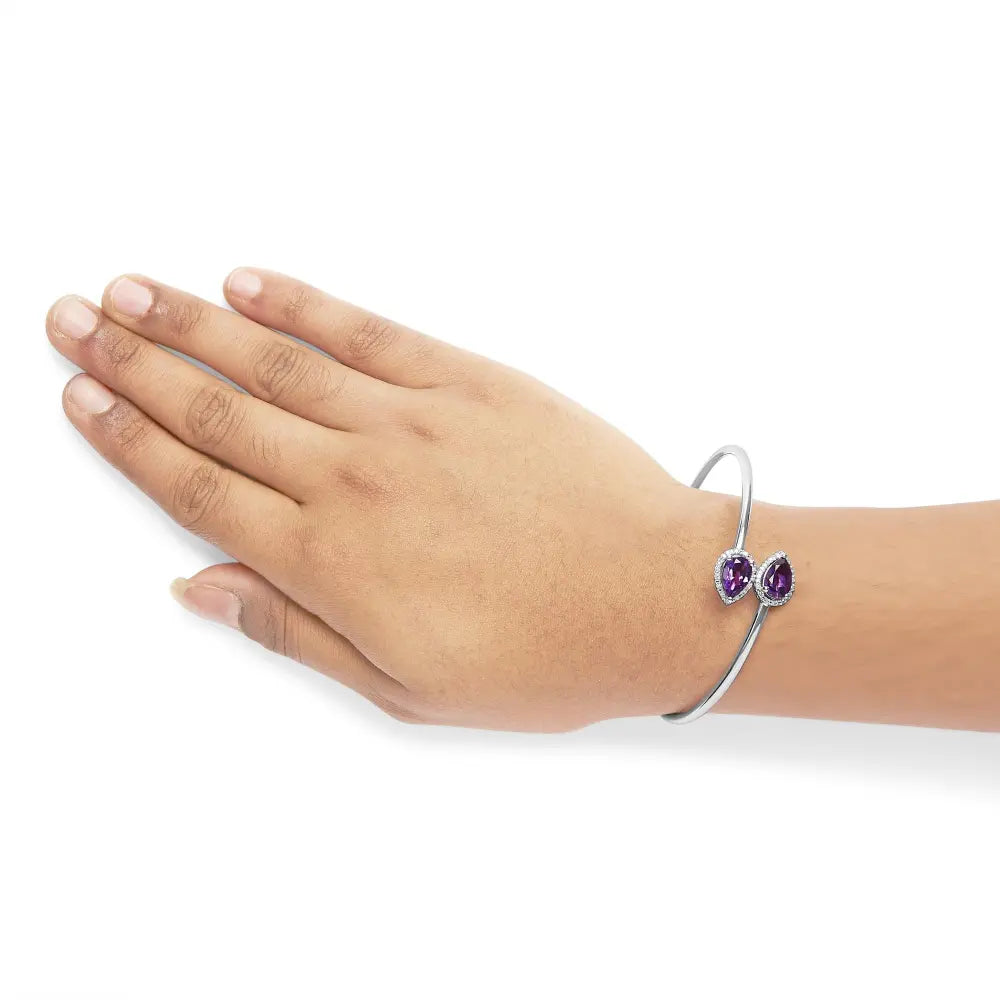 .925 sterling silver 8 x 5.5mm pear shape amethyst and diamond accent halo bypass bangle bracelet (h i color si1 si2 clarity)