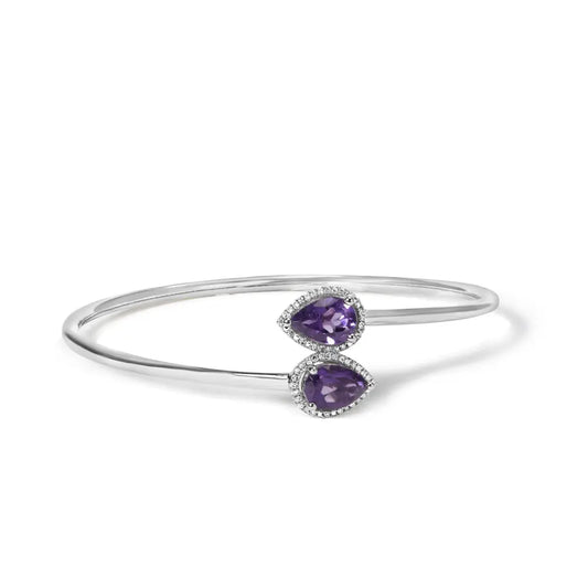 .925 sterling silver 8 x 5.5mm pear shape amethyst and diamond accent halo bypass bangle bracelet (h i color si1 si2 clarity)