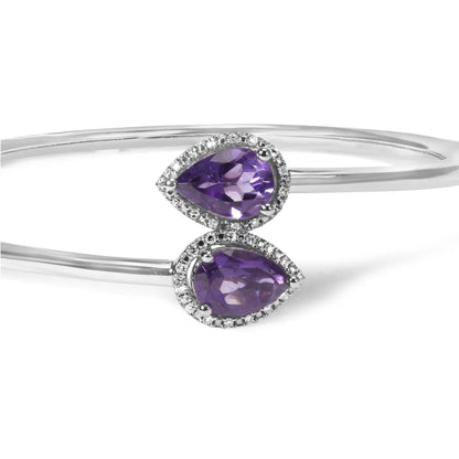 .925 sterling silver 8 x 5.5mm pear shape amethyst and diamond accent halo bypass bangle bracelet (h i color si1 si2 clarity)