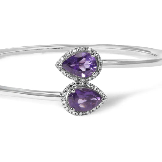 .925 sterling silver 8 x 5.5mm pear shape amethyst and diamond accent halo bypass bangle bracelet (h i color si1 si2 clarity)