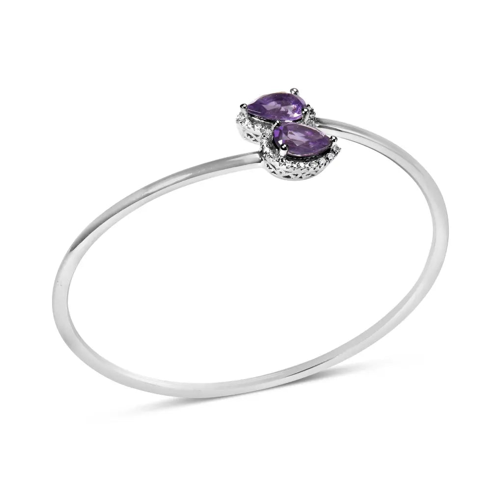 .925 sterling silver 8 x 5.5mm pear shape amethyst and diamond accent halo bypass bangle bracelet (h i color si1 si2 clarity)