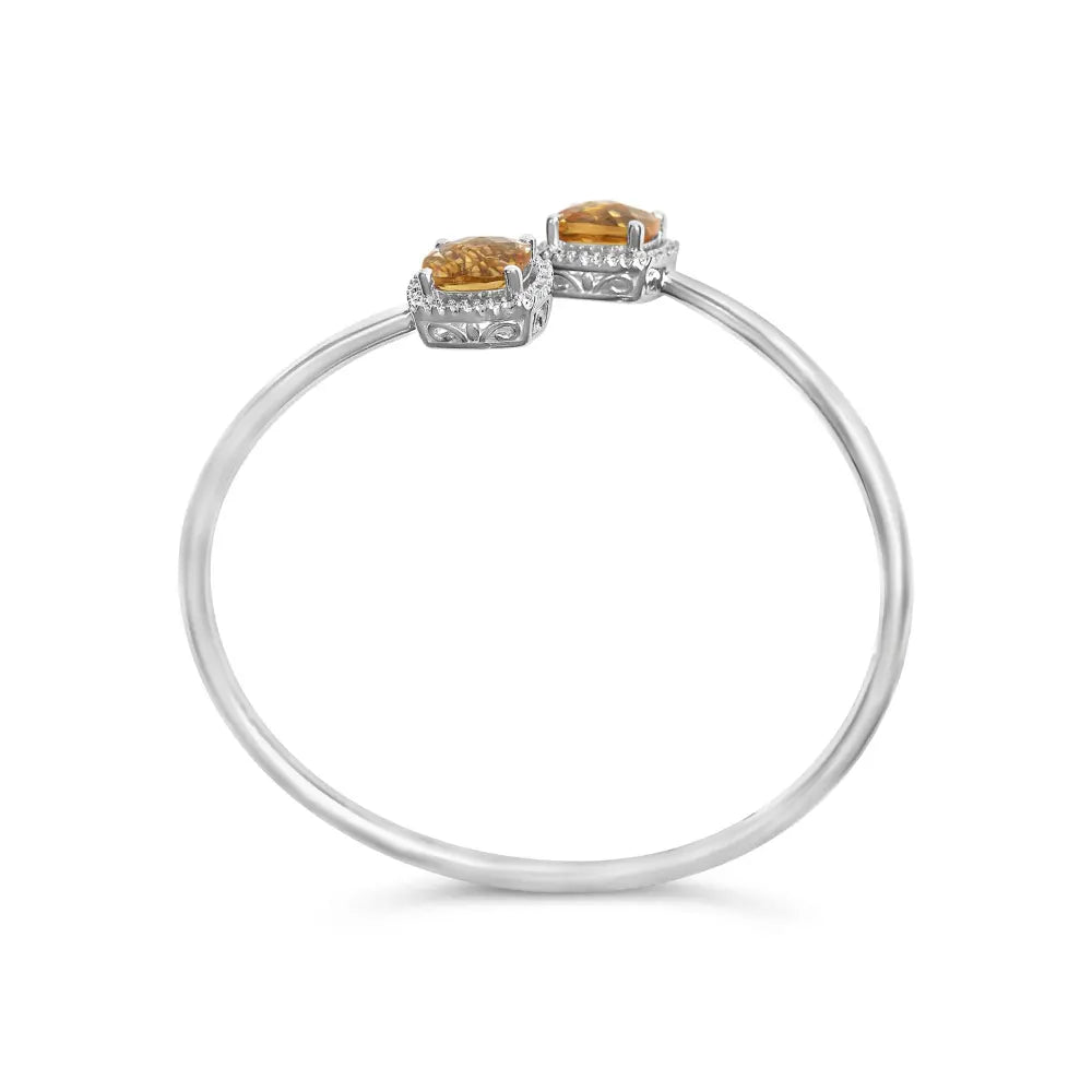 .925 sterling silver 8mm cushion cut yellow citrine gemstone and diamond accent split bypass bangle bracelet (h i color si1 si2