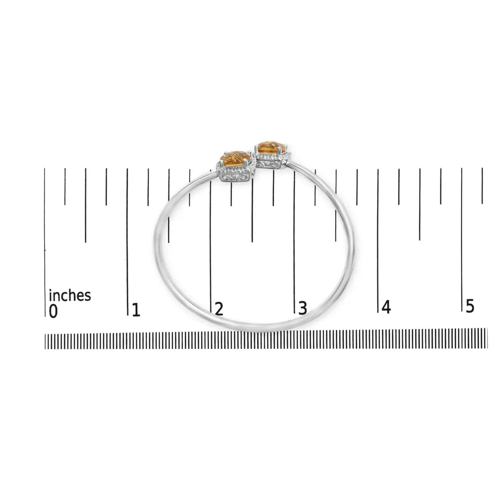 .925 sterling silver 8mm cushion cut yellow citrine gemstone and diamond accent split bypass bangle bracelet (h i color si1 si2