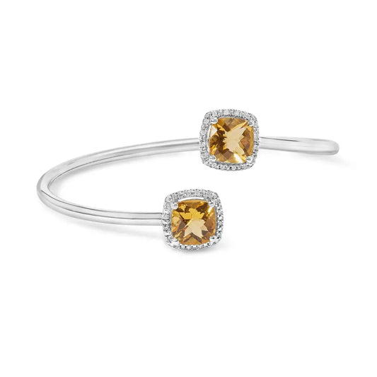 .925 sterling silver 8mm cushion cut yellow citrine gemstone and diamond accent split bypass bangle bracelet (h i color si1 si2